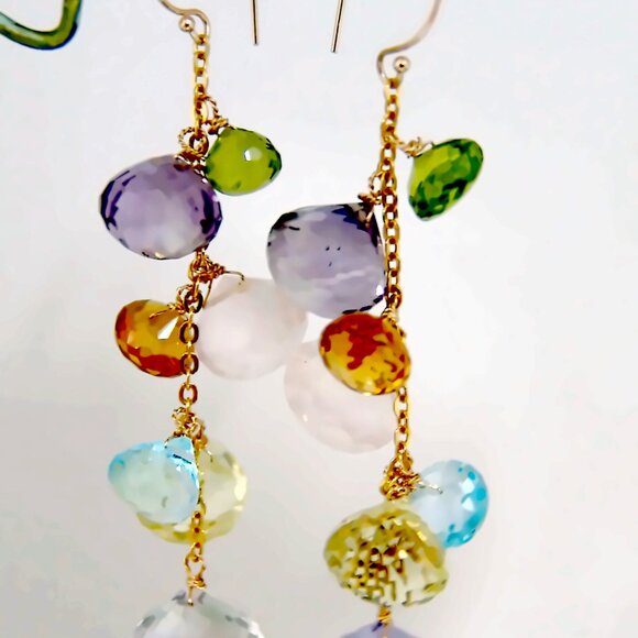 14K Gold Multi Gemstone Amethyst Kisses Briolette Chandelier Earrings - Picture 6 of 8